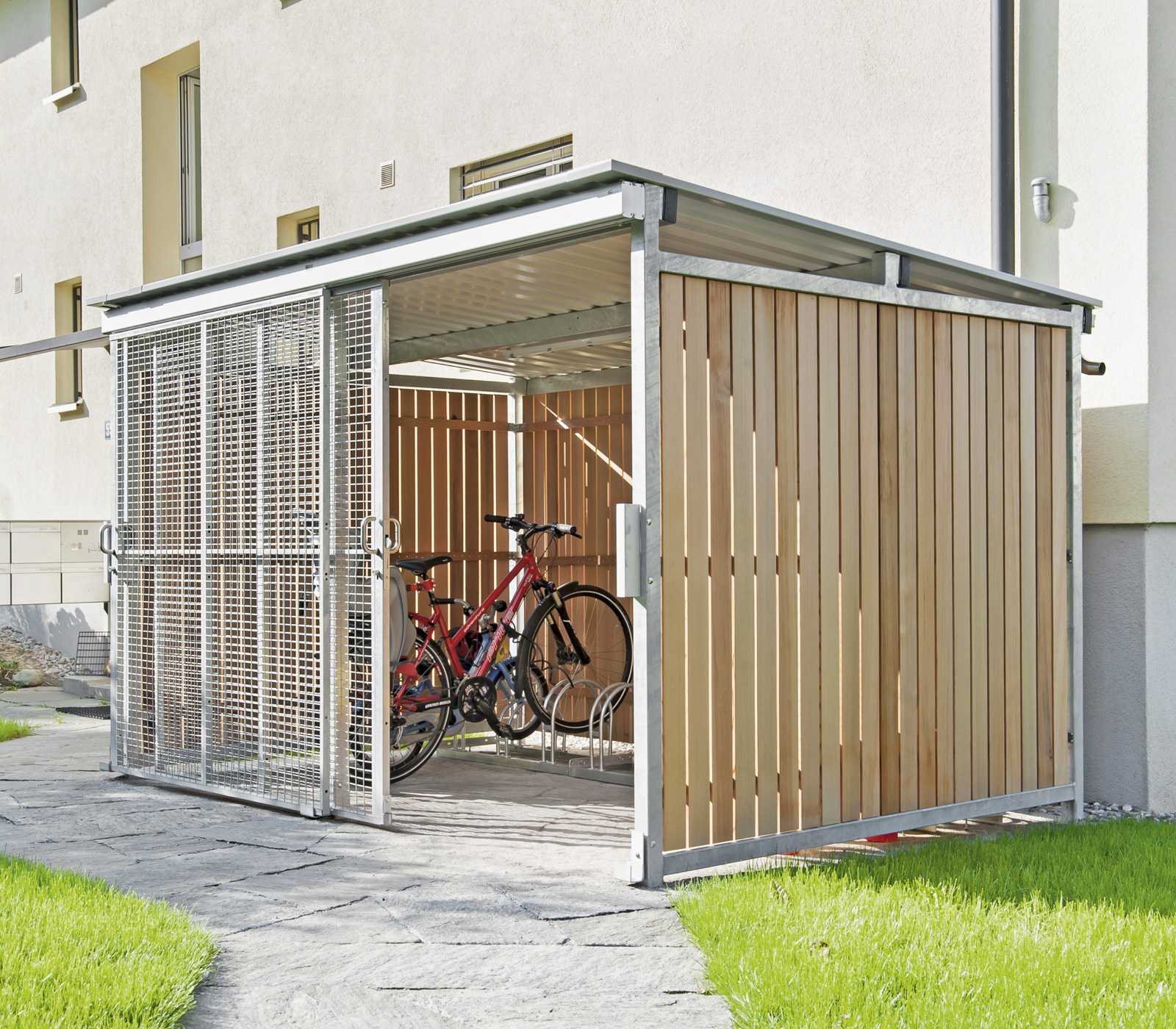 Velounterstand Ecobox mit Holzwand und Gitterschiebetüre